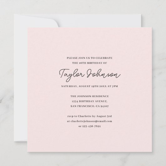 任意の年齢の10代の誕生日写真ミニマリストピンク 招待状 (裏面)