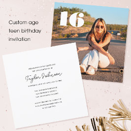 任意の年齢の10代の誕生日写真ミニマリスト白 招待状