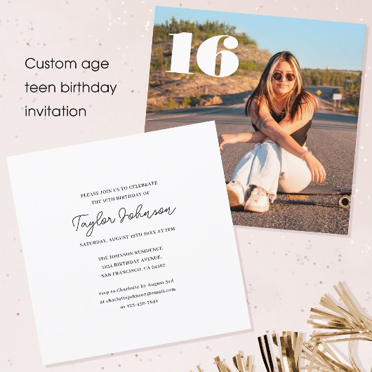 任意の年齢の10代の誕生日写真ミニマリスト白 招待状