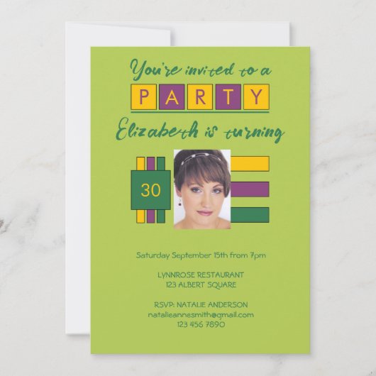 任意の年齢を追加する写真名の緑の誕生日パーティー 招待状 (正面)