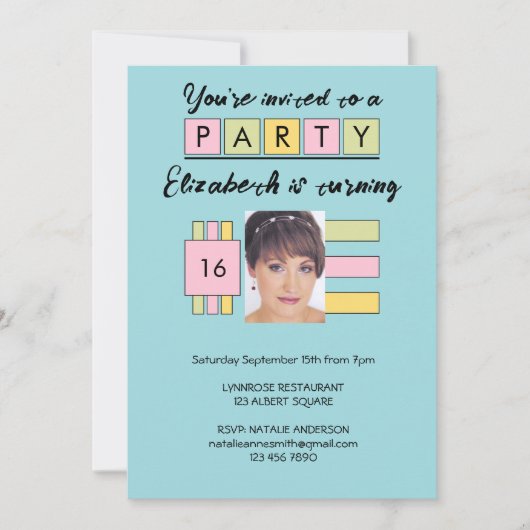 任意の年齢を追加する写真名ターコイズ誕生日パーティー 招待状 (正面)