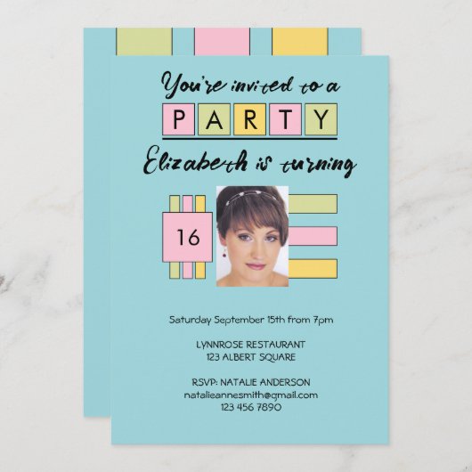 任意の年齢を追加する写真名ターコイズ誕生日パーティー 招待状 (正面/裏面)
