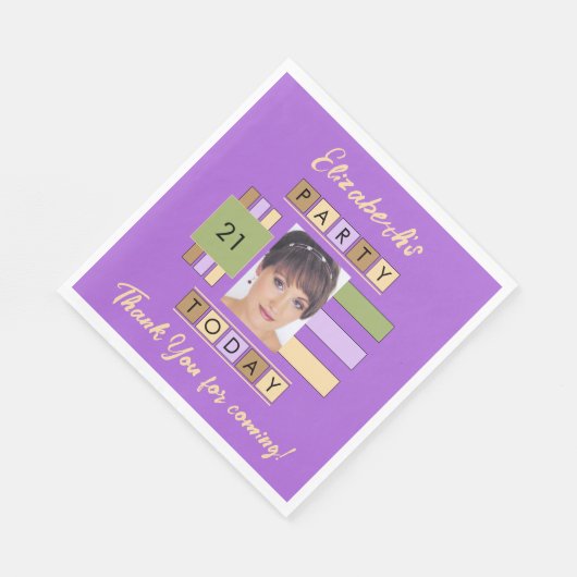 任意の年齢を追加する写真名パープル誕生日パーティー スタンダードランチョンナプキン (角)