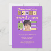 任意の年齢を追加する写真名パープル誕生日パーティー 招待状 (正面)