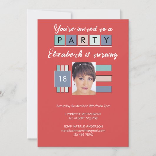 任意の年齢を追加する写真名red birthday party 招待状 (正面)