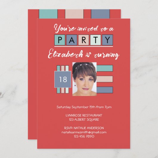 任意の年齢を追加する写真名red birthday party 招待状 (正面/裏面)