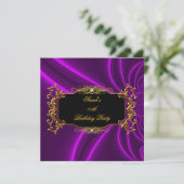 任意の年齢エレガントな誕生日パーティブラック金ゴールド紫 招待状 (スタンド正面)