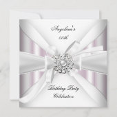 任意の年齢エレガントピンクの白い銀の誕生日パーティー 招待状 (正面)