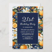 任意の年齢オレンジ白い花ネイビーブルー誕生日 招待状 (正面)