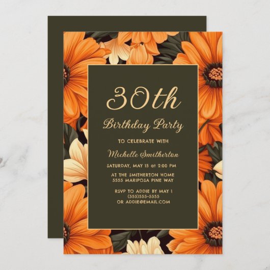任意の年齢オレンジ色の花茶色30歳の誕生日 招待状 (正面/裏面)