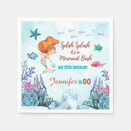任意の年齢スプラッシュbashマーメイドガールズ誕生日 スタンダードカクテルナプキン (正面)
