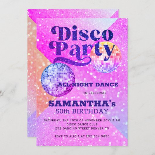 任意の年齢ディスコのダンスの誕生日パーティー 招待状 (正面/裏面)