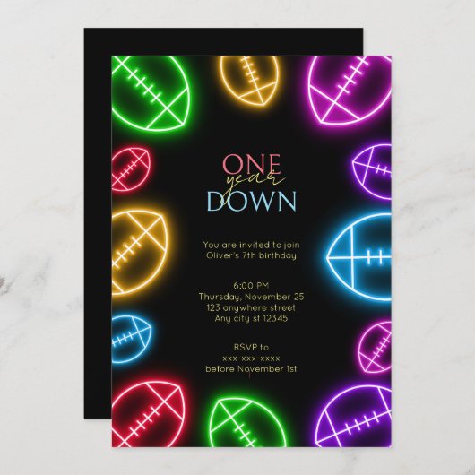 任意の年齢ネオンフットボール少年の誕生日 招待状 (正面/裏面)