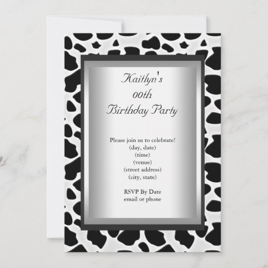 任意の年齢パーティー誕生日白黒牛獣皮 招待状 (正面)