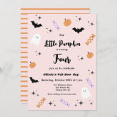 任意の年齢ピンク私たちの小さなパンプキンハロウィーン誕生日 招待状 (正面/裏面)