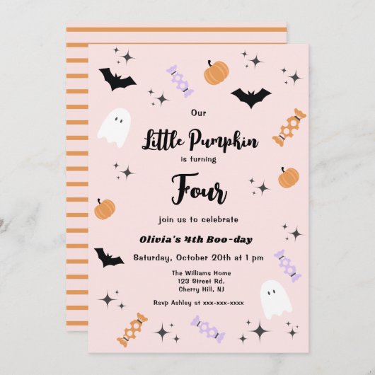 任意の年齢ピンク私たちの小さなパンプキンハロウィーン誕生日 招待状 (正面/裏面)
