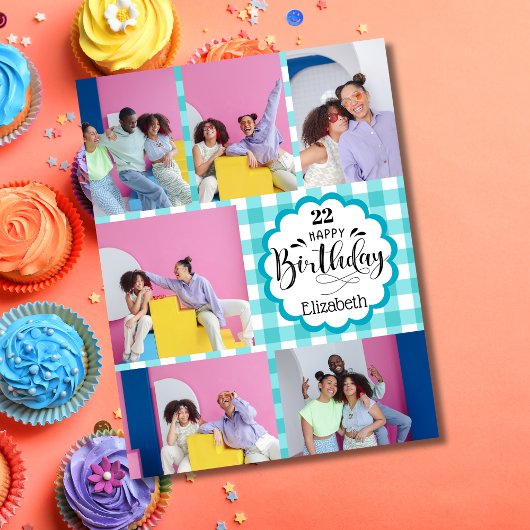 任意の年齢フェミニンティール(緑がかった色)7 Photo Collage誕生日 カード