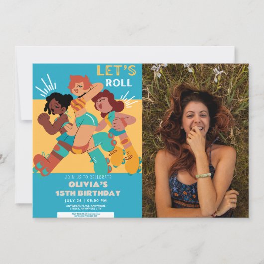任意の年齢レトロなローラースケート女の子の写真の誕生日 招待状 (正面)