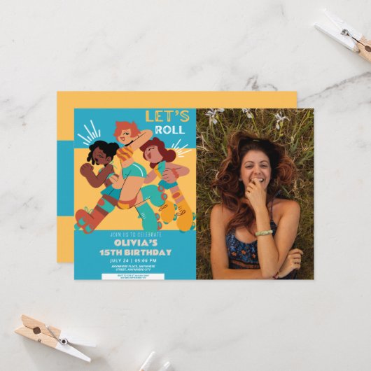 任意の年齢レトロなローラースケート女の子の写真の誕生日 招待状 (正面/裏面インサイチュ)