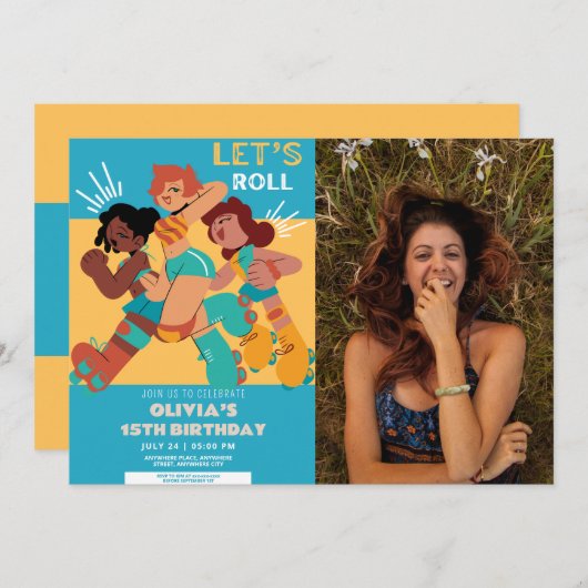 任意の年齢レトロなローラースケート女の子の写真の誕生日 招待状 (正面/裏面)