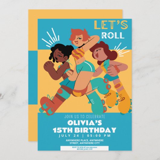 任意の年齢レトロローラースケート女の子誕生日 招待状 (正面/裏面)