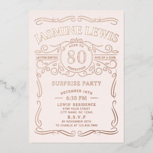 任意の年齢ヴィンテージウイスキーをテーマにしたバラ金ゴールド誕生日 箔招待状 (正面)