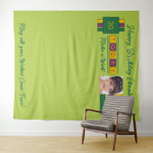 任意の年齢写真の緑の誕生日パーティーの背景 タペストリー (インサイチュ(横))