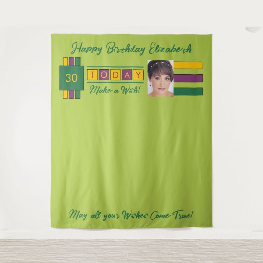 任意の年齢写真の緑の誕生日パーティーの背景 タペストリー (正面)