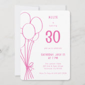 任意の年齢手描き誕生日バルーンホットピンク 招待状 (正面)
