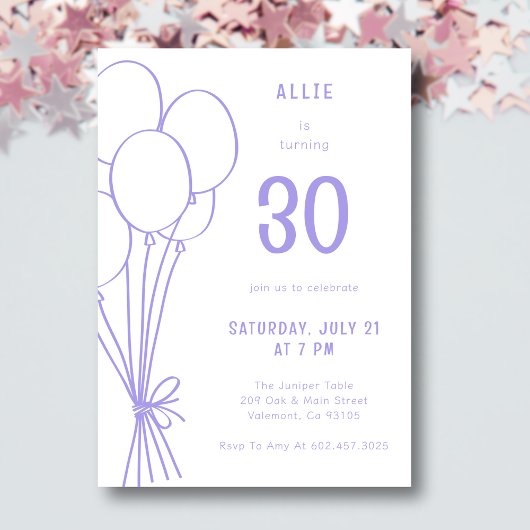 任意の年齢手描き誕生日バルーンラベンダー 招待状