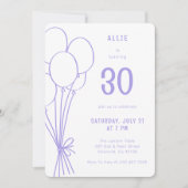 任意の年齢手描き誕生日バルーンラベンダー 招待状 (正面)