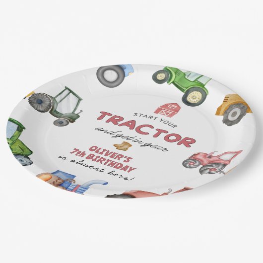 任意の年齢水色トラクターの誕生日 ペーパープレート (アングル)