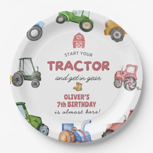任意の年齢水色トラクターの誕生日 ペーパープレート (正面)