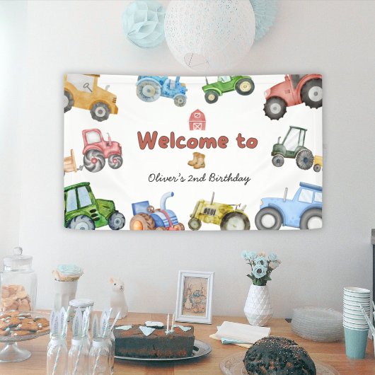 任意の年齢水色トラクターの誕生日 横断幕