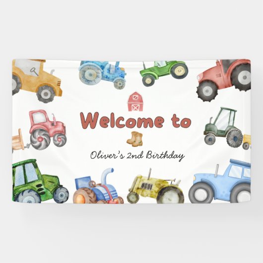 任意の年齢水色トラクターの誕生日 横断幕 (横)