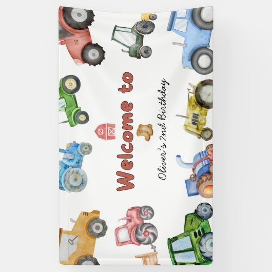 任意の年齢水色トラクターの誕生日 横断幕 (縦)