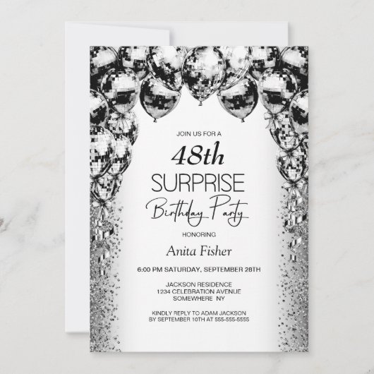 任意の年齢白黒バルーン驚き誕生日 招待状 (正面)