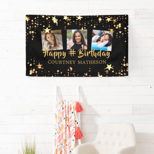 任意の年齢誕生日ブラック金ゴールド星写真名 横断幕 (インサイチュ)