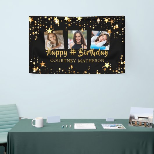任意の年齢誕生日ブラック金ゴールド星写真名 横断幕 (トレードショー)