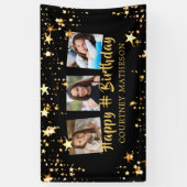 任意の年齢誕生日ブラック金ゴールド星写真名 横断幕 (縦)