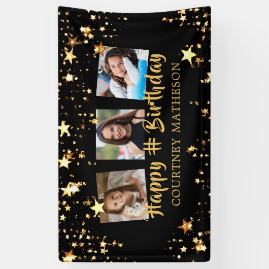 任意の年齢誕生日ブラック金ゴールド星写真名 横断幕 (縦)