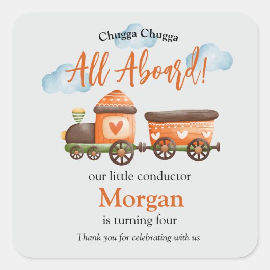 任意の年齢誕生日ラブリートレインウォーター色パーティー スクエアシール (正面)