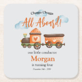 任意の年齢誕生日ラブリートレインウォーター色パーティー スクエアペーパーコースター (正面)