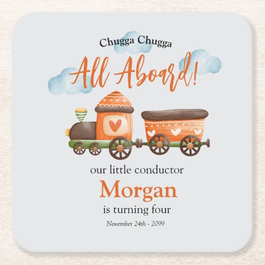 任意の年齢誕生日ラブリートレインウォーター色パーティー スクエアペーパーコースター (正面)
