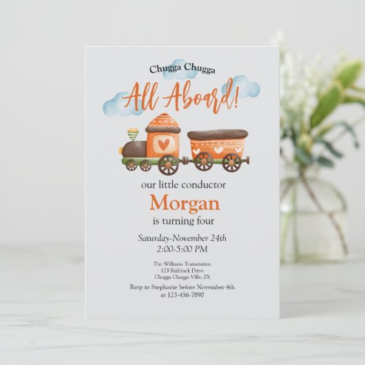 任意の年齢誕生日ラブリートレインウォーター色パーティー 招待状 (スタンド正面)