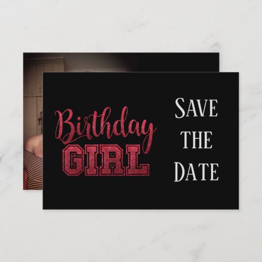 任意の年齢誕生日日付を保存フォトグリッター黒 案内状 (正面/裏面)