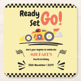 任意の年齢誕生日準備ができて行くイエローレースカー スクエアペーパーコースター