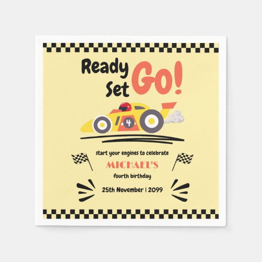 任意の年齢誕生日準備ができて行くイエローレースカー スタンダードカクテルナプキン (正面)