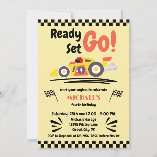 任意の年齢誕生日準備ができて行くイエローレースカー 招待状 (正面)