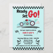 任意の年齢誕生日準備セットゴーブルーレースカー 招待状 (正面)